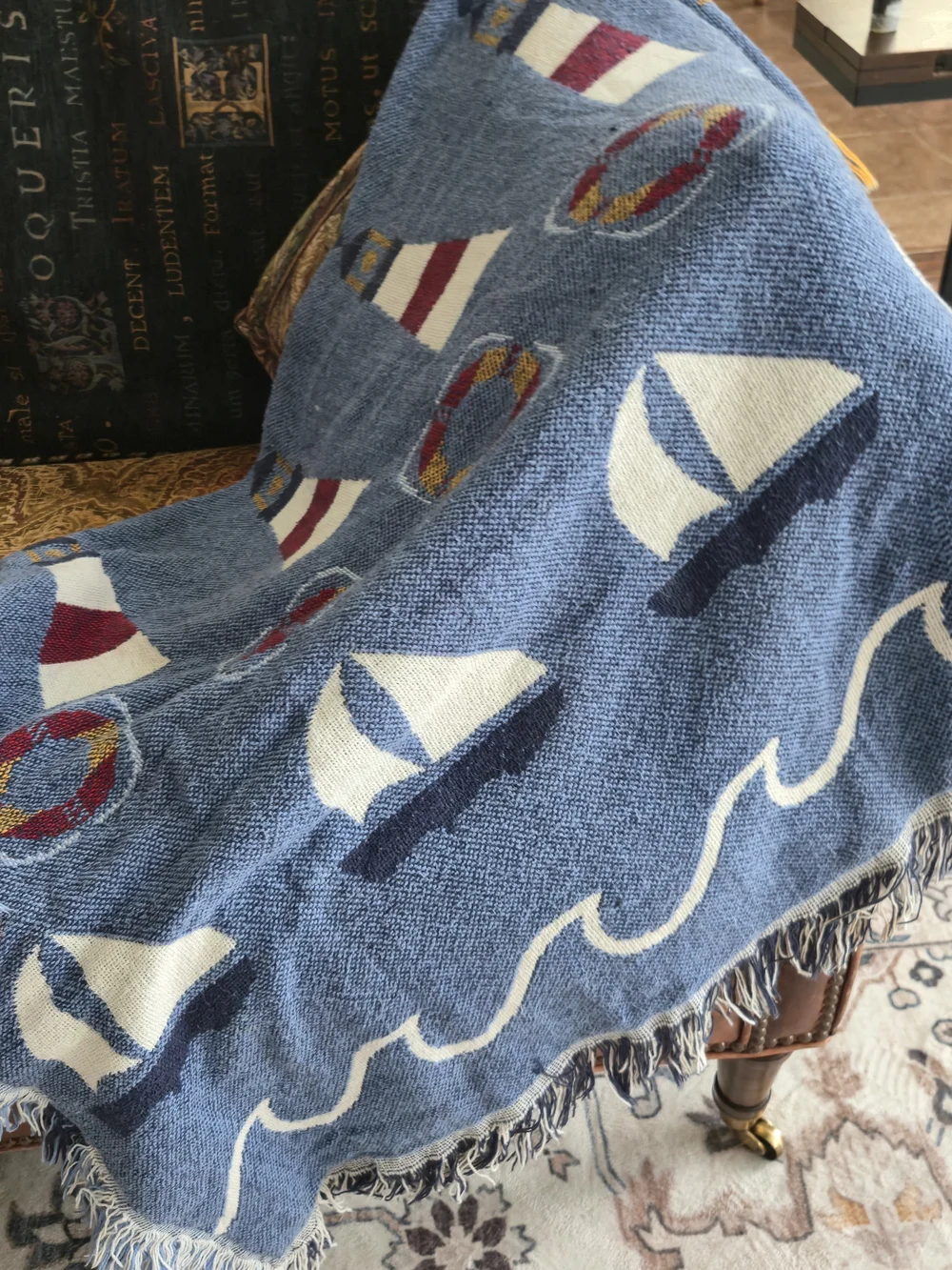 Vintage Nautical Woven Tapestry Throw Blanket 60x47 Coastal Beach Seaside Fringe